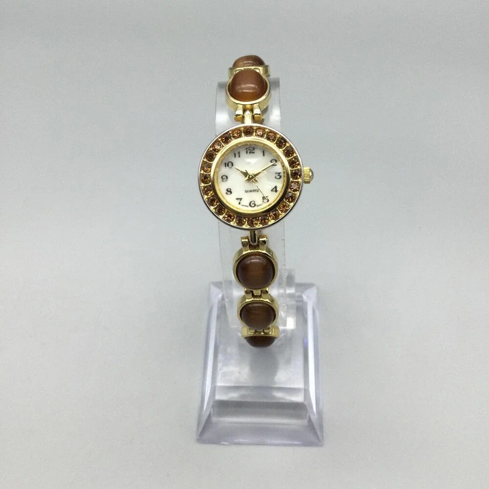 Brown Gemstone Womens Watch 22mm MOP Dial Gold Tone Bracelet New Battery 7.25